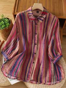 EMERY ROSE Casual Multicolor Striped Button Front Shirt Collar Blouse Senior Women Three Quarter Roll Up Sleeve Top Regular Length - Multicolor - View 3