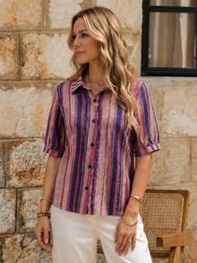 EMERY ROSE Casual Multicolor Striped Button Front Shirt Collar Blouse Senior Women Three Quarter Roll Up Sleeve Top Regular Length - Multicolor - View 1