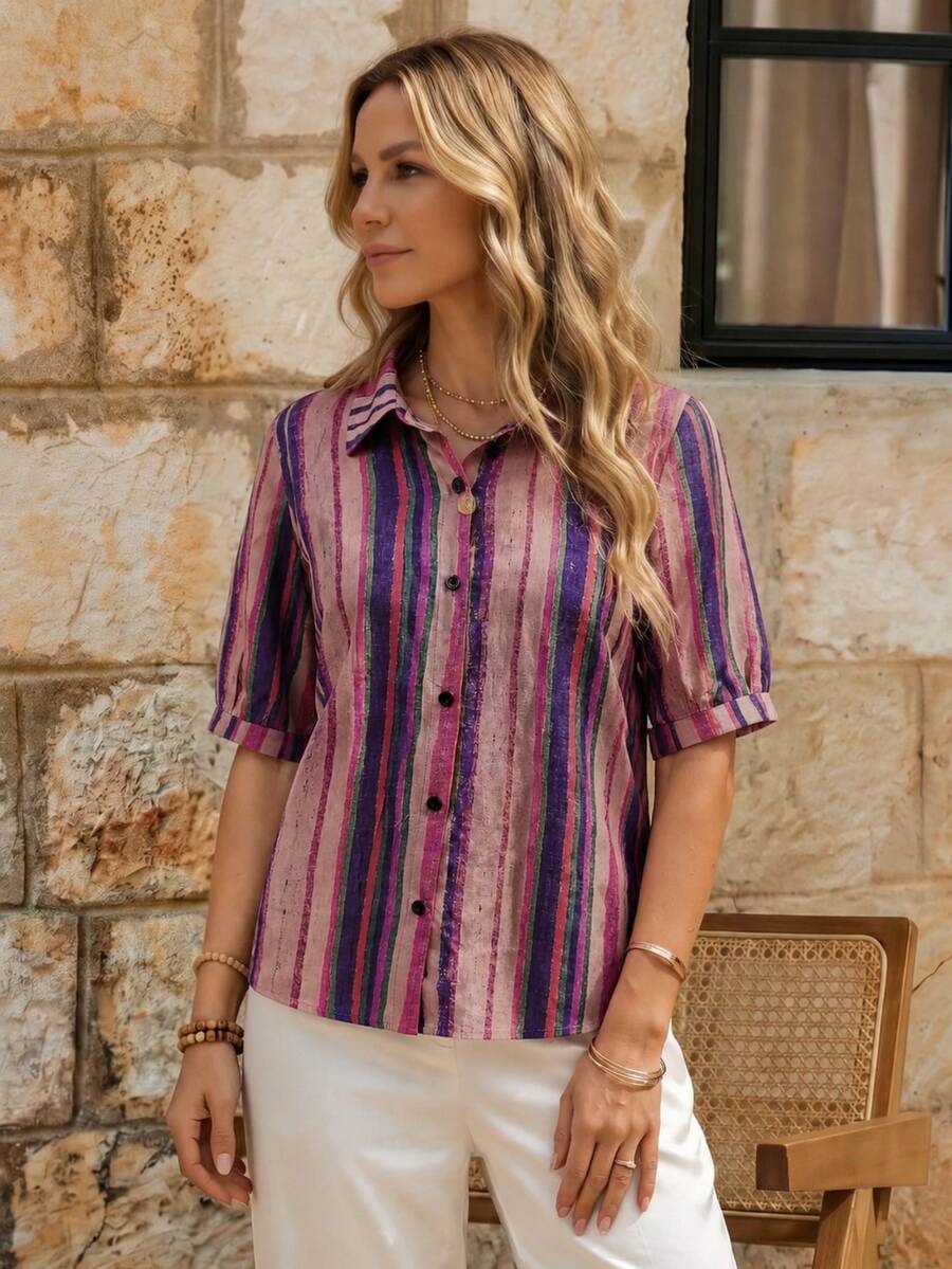 EMERY ROSE Casual Multicolor Striped Button Front Shirt Collar Blouse Senior Women Three Quarter Roll Up Sleeve Top Regular Length - Multicolor - View 1