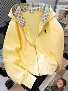 EMERY ROSE Fashionable Casual Style Long Sleeve Plaid Collar Zipper Letter Print Hoodie For Women Fall Cloth For Women, Christmas - Yellow - View 3