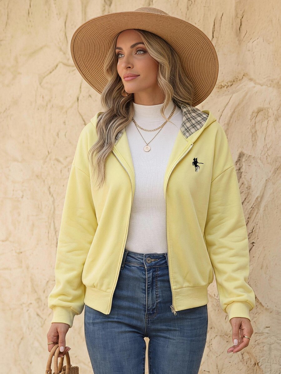 EMERY ROSE Fashionable Casual Style Long Sleeve Plaid Collar Zipper Letter Print Hoodie For Women Fall Cloth For Women, Christmas - Yellow - View 1