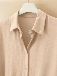EMERY ROSE Women's Pleated Long Button Down Oversized Solid Color Long Sleeve Shirt - Khaki - View 8