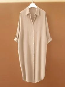 EMERY ROSE Women's Pleated Long Button Down Oversized Solid Color Long Sleeve Shirt - Khaki - View 3