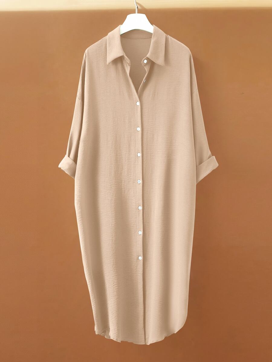 EMERY ROSE Women's Pleated Long Button Down Oversized Solid Color Long Sleeve Shirt - Khaki - View 1