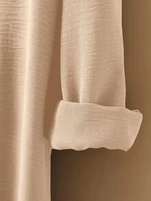 EMERY ROSE Women's Pleated Long Button Down Oversized Solid Color Long Sleeve Shirt - Khaki - View 7