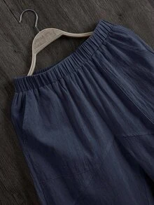 EMERY ROSE Women's Solid Color Elastic Waist Drawstring Pocketed Loose Fit Tapered Pants (Made Of Traceable Cotton) - Navy Blue - View 5