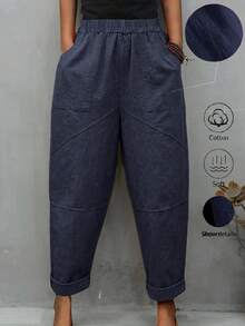 EMERY ROSE Women's Solid Color Elastic Waist Drawstring Pocketed Loose Fit Tapered Pants (Made Of Traceable Cotton) - Navy Blue - View 1