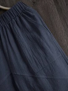 EMERY ROSE Women's Solid Color Elastic Waist Drawstring Pocketed Loose Fit Tapered Pants (Made Of Traceable Cotton) - Navy Blue - View 6