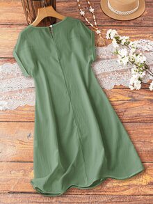 EMERY ROSE Vestido de mujer con mangas de hombro caído, línea H, mezcla de viscosa con textura, encaje floral calado y empalmes - Verde - Ver 2