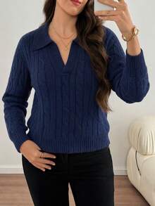 EMERY ROSE Vintage Cable Knit Polo Collar V-Neck Pullover Sweater For Women, Thick Knitted Sweater Winter - Royal Blue - View 3