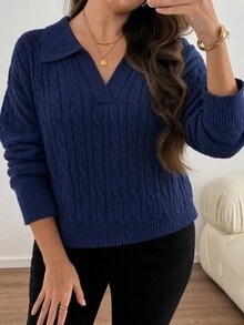 EMERY ROSE Vintage Cable Knit Polo Collar V-Neck Pullover Sweater For Women, Thick Knitted Sweater Winter - Royal Blue - View 1