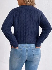 EMERY ROSE Vintage Cable Knit Polo Collar V-Neck Pullover Sweater For Women, Thick Knitted Sweater Winter - Royal Blue - View 2