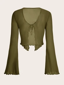 SHEIN ICON Green Mesh V-Neck Frill Trim Flare Sleeve Crop Top For Women - Army Green - View 3