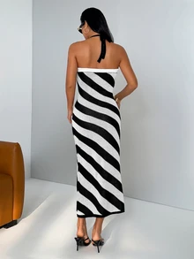 SHEIN Unity Gaun Rajut Vintage Eropa & Amerika Warna Biru Tua dengan Garis-garis Diagonal dan Tali Bahu Tipis, Gaun Liburan Slim Fit dengan Elastis dan Desain Bodycon - Hitam dan Putih - View 7