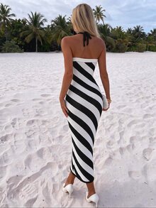 SHEIN Unity Gaun Rajut Vintage Eropa & Amerika Warna Biru Tua dengan Garis-garis Diagonal dan Tali Bahu Tipis, Gaun Liburan Slim Fit dengan Elastis dan Desain Bodycon - Hitam dan Putih - View 2