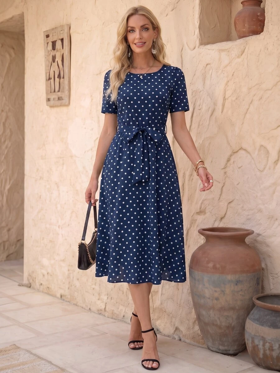 EMERY ROSE Women's Polka Dot Printed Dress Maxi Women Outfit - Navy Blue - View 1