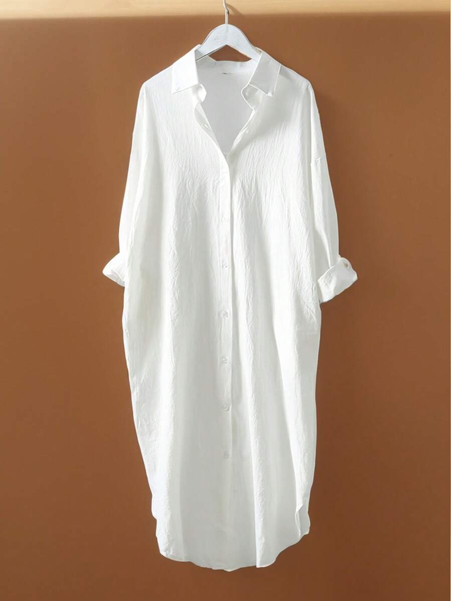 EMERY ROSE SHEIN LUNE Pleated Long Button Down Women's Shirt With Drop Shoulder Design,Teacher Shirts Fall Cloth For Women - White - View 1