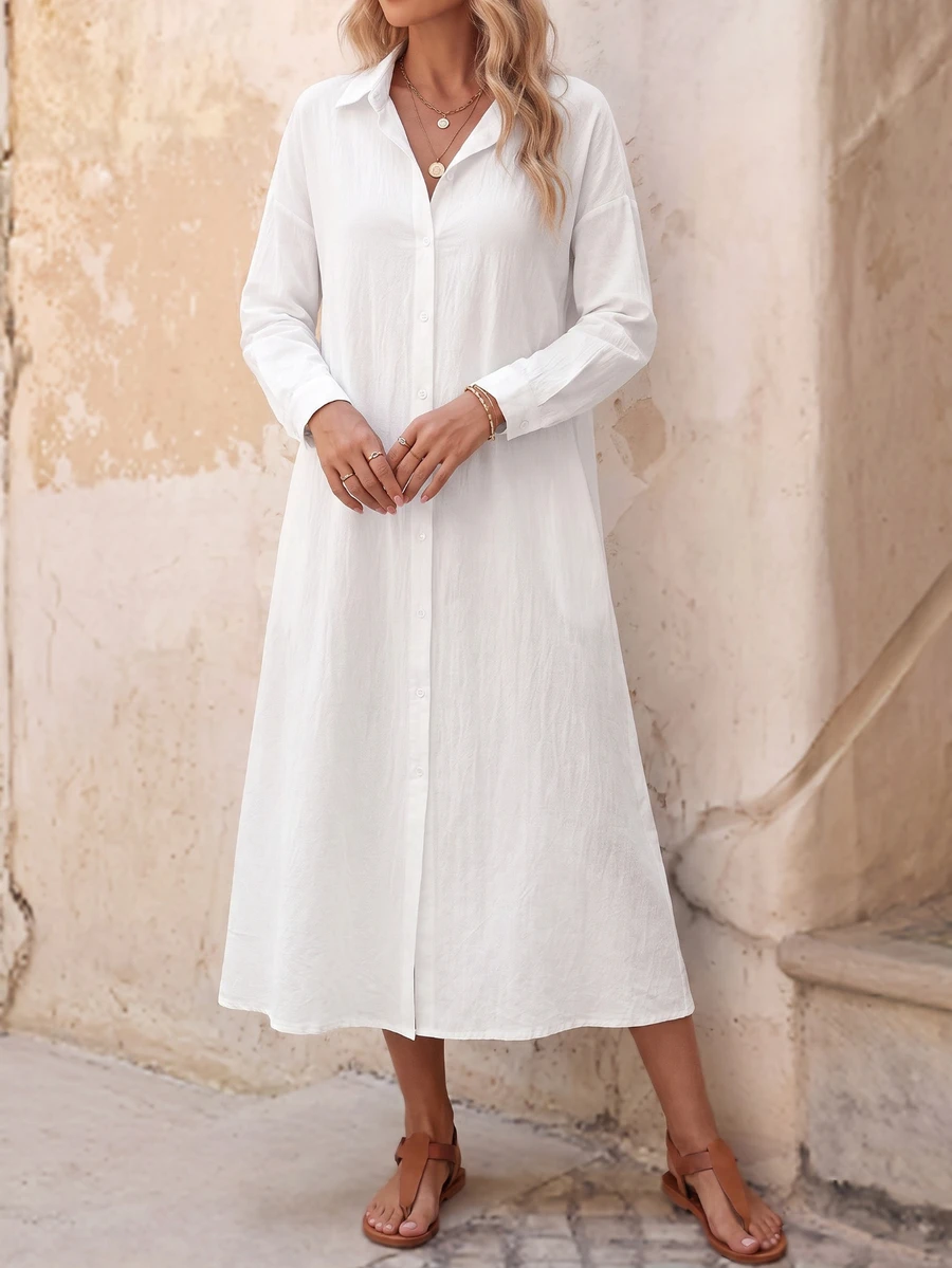 EMERY ROSE SHEIN LUNE Pleated Long Button Down Women's Shirt With Drop Shoulder Design,Teacher Shirts Fall Cloth For Women - White - View 1