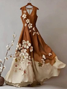 SHEIN LUNE 女款花卉印花優雅V領洋裝，適合晚宴派對與約會 - 卡其色 - 查看 3
