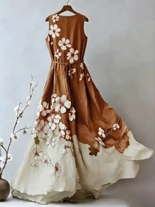 SHEIN LUNE 女款花卉印花優雅V領洋裝，適合晚宴派對與約會 - 卡其色 - 查看 2