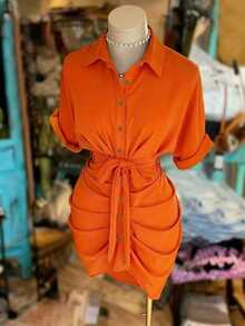 NostaNoir Gaun Kemeja Lengan Pendek Berkerah Kancing Tunggal dengan Ikat Pinggang - Burnt Orange - View 6