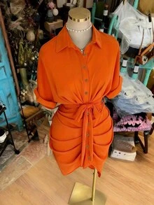 NostaNoir Gaun Kemeja Lengan Pendek Berkerah Kancing Tunggal dengan Ikat Pinggang - Burnt Orange - View 4