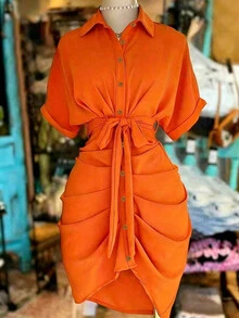 NostaNoir Gaun Kemeja Lengan Pendek Berkerah Kancing Tunggal dengan Ikat Pinggang - Burnt Orange - View 3