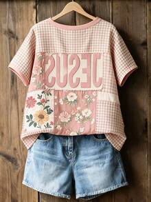 SHEIN LUNE 女士乡村度假风花卉字母印花圆领短袖上衣 - 彩色 - 查看 2