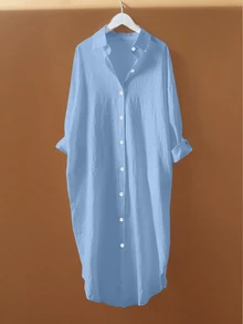 EMERY ROSE Pleated Long Button Down Dropped Shoulder Women Shirt Fall Cloth For Women - Baby Blue - View 3