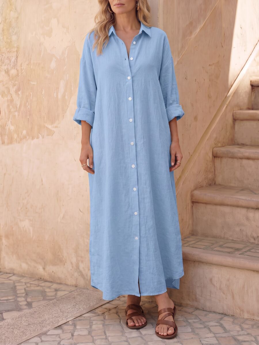 EMERY ROSE Pleated Long Button Down Dropped Shoulder Women Shirt Fall Cloth For Women - Baby Blue - View 1