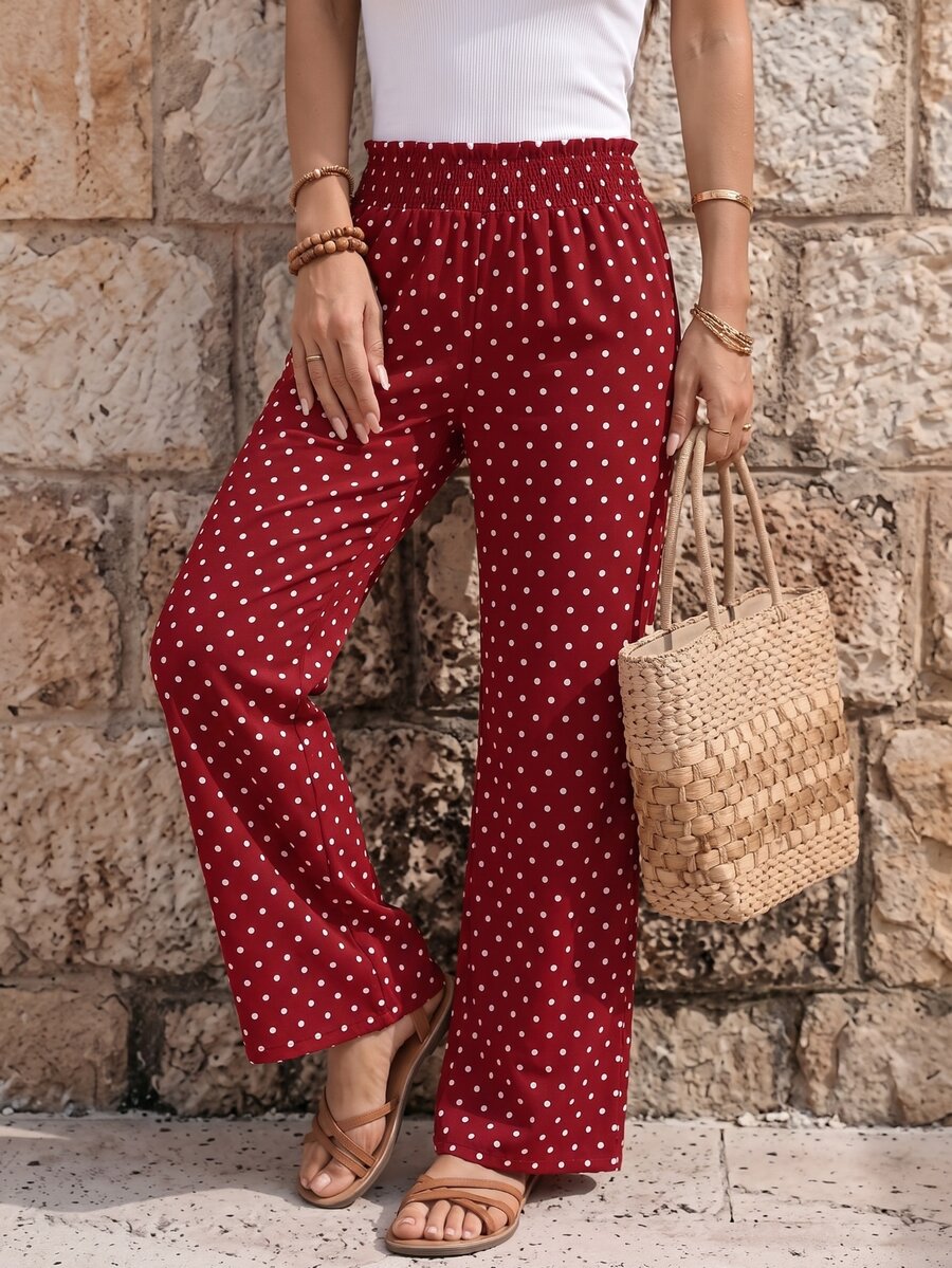 EMERY ROSE Women's Fashion Casual Polka Dot Print Wide Leg Pants - Red - View 1