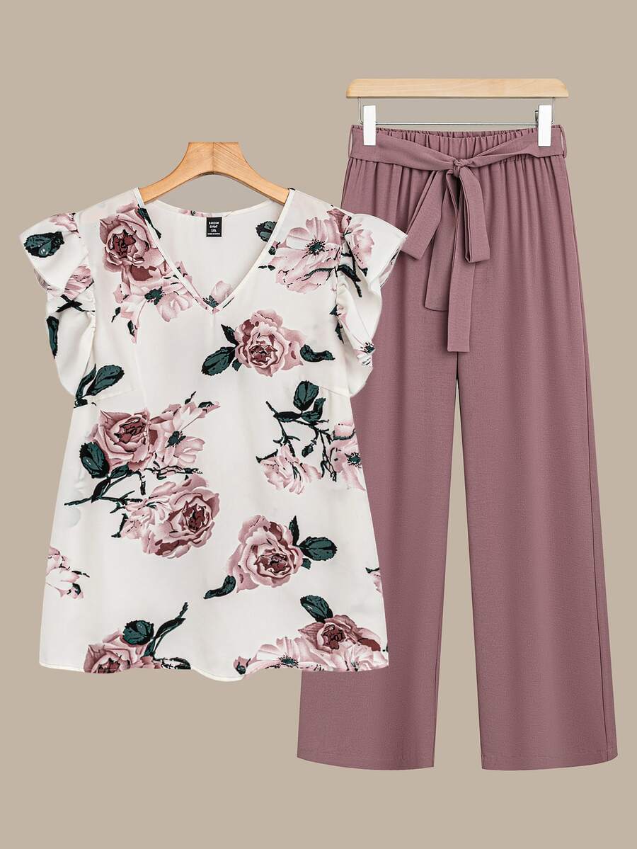 EMERY ROSE 2pcs/Set Women Floral Print Cap Sleeve Round Neck Blouse And Pink Straight Pants - Multicolor - View 1