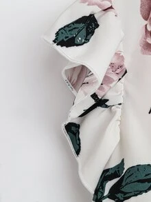 EMERY ROSE 2pcs/Set Women Floral Print Cap Sleeve Round Neck Blouse And Pink Straight Pants - Multicolor - View 7