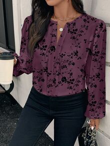 Reflora Plus Size Elegant Floral Print Blouse For Commuting Office Dinner Party Dark Purple Autumn Fall - Multicolor - View 4