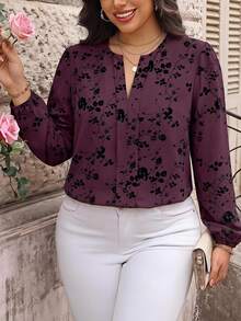 Reflora Plus Size Elegant Floral Print Blouse For Commuting Office Dinner Party Dark Purple Autumn Fall - Multicolor - View 1