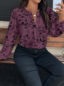 Reflora Plus Size Elegant Floral Print Blouse For Commuting Office Dinner Party Dark Purple Autumn Fall - Multicolor - View 3