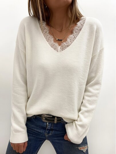 Briarwyn Suéter elegante de unicolor con cuello en V y patchwork de encaje estilo francés para otoño/invierno, ideal para brunch, salidas diurnas y oficina, en color blanco crema