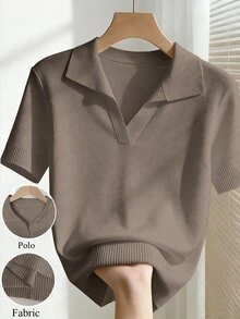 Franclia Women's Simple Solid Color Turndown Collar Short Sleeve Casual Fitted Knit Top, Versatile For Spring/Summer - Khaki - View 3