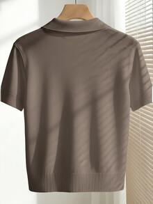 Franclia Women's Simple Solid Color Turndown Collar Short Sleeve Casual Fitted Knit Top, Versatile For Spring/Summer - Khaki - View 2