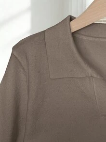 Franclia Women's Simple Solid Color Turndown Collar Short Sleeve Casual Fitted Knit Top, Versatile For Spring/Summer - Khaki - View 5