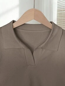 Franclia Women's Simple Solid Color Turndown Collar Short Sleeve Casual Fitted Knit Top, Versatile For Spring/Summer - Khaki - View 4
