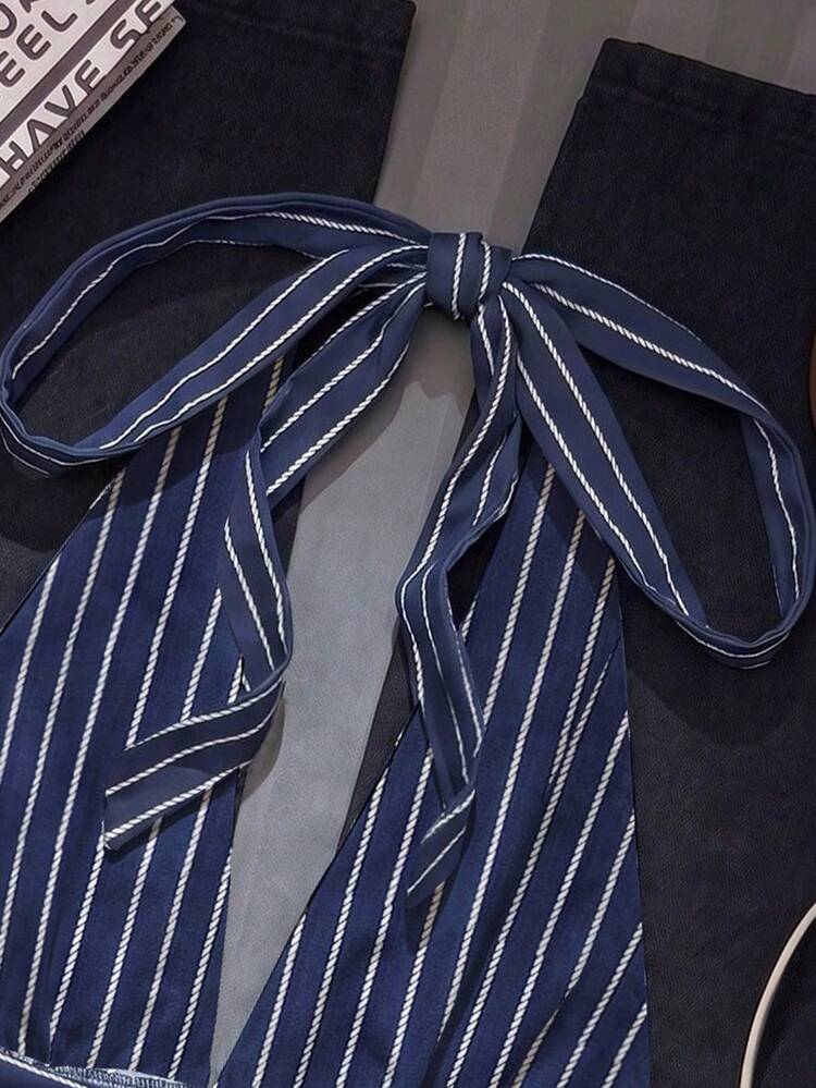 Attitoon Halter Neck Deep V-Neck Waist-Defining A-Line Backless Tank Top, Old Money Style, Casual Minimalist Retro Punk Y2K Versatile Party, Navy Blue Striped Print Pattern Top, Outing Wear, Summer - Multicolor - View 5