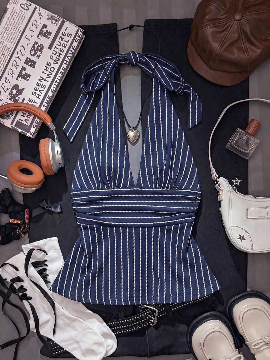 Attitoon Halter Neck Deep V-Neck Waist-Defining A-Line Backless Tank Top, Old Money Style, Casual Minimalist Retro Punk Y2K Versatile Party, Navy Blue Striped Print Pattern Top, Outing Wear, Summer - Multicolor - View 1