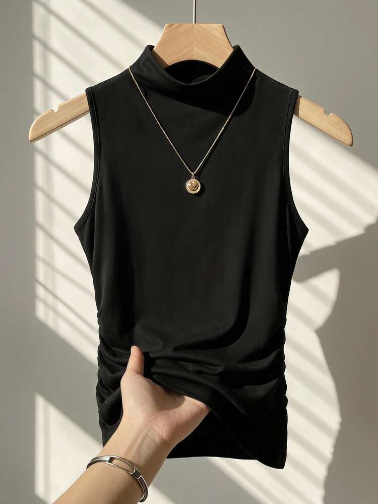 Amorya 女款黑色無袖小立領棉質背心，百搭日常夏季必備修身高領上衣，休閒通勤節慶 Y2K 風格 - 黑色 - 查看 1