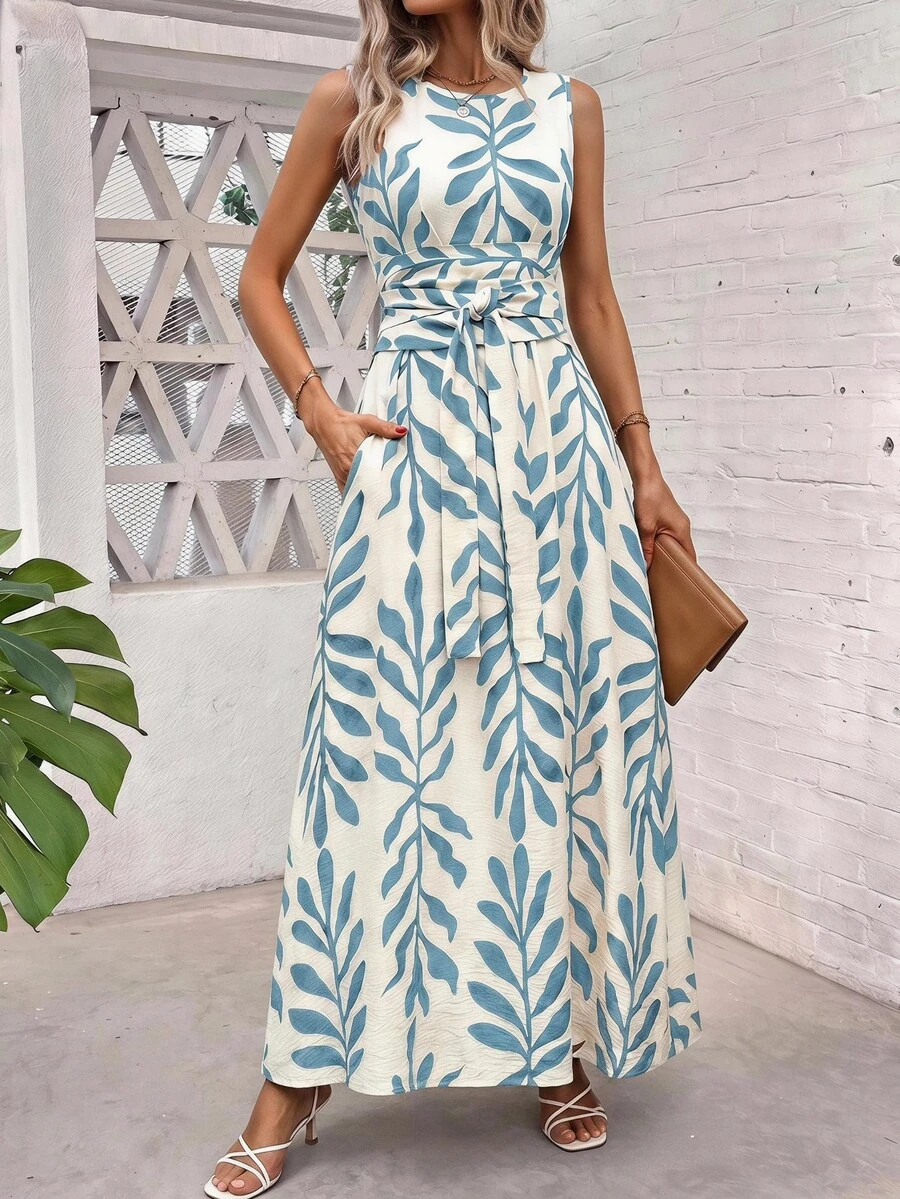 SHEIN Clasi Sleeveless Crew Neck Twist Front Allover Print Dress - Baby Blue - View 1
