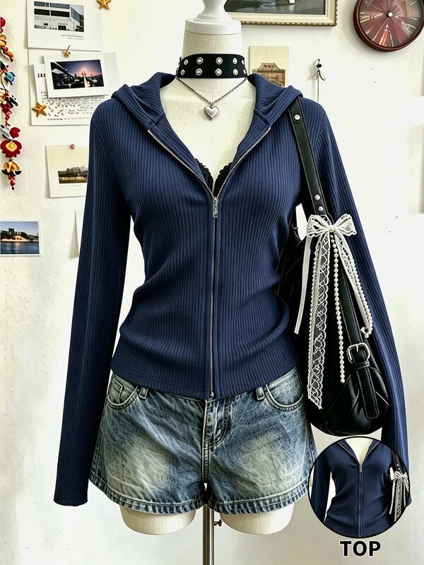 Lalippa Women's Winter Vintage Preppy Daily Wear Going Out Streetwear Navy Blue Zip Up Hooded Ribbed Top,Fall,Winter