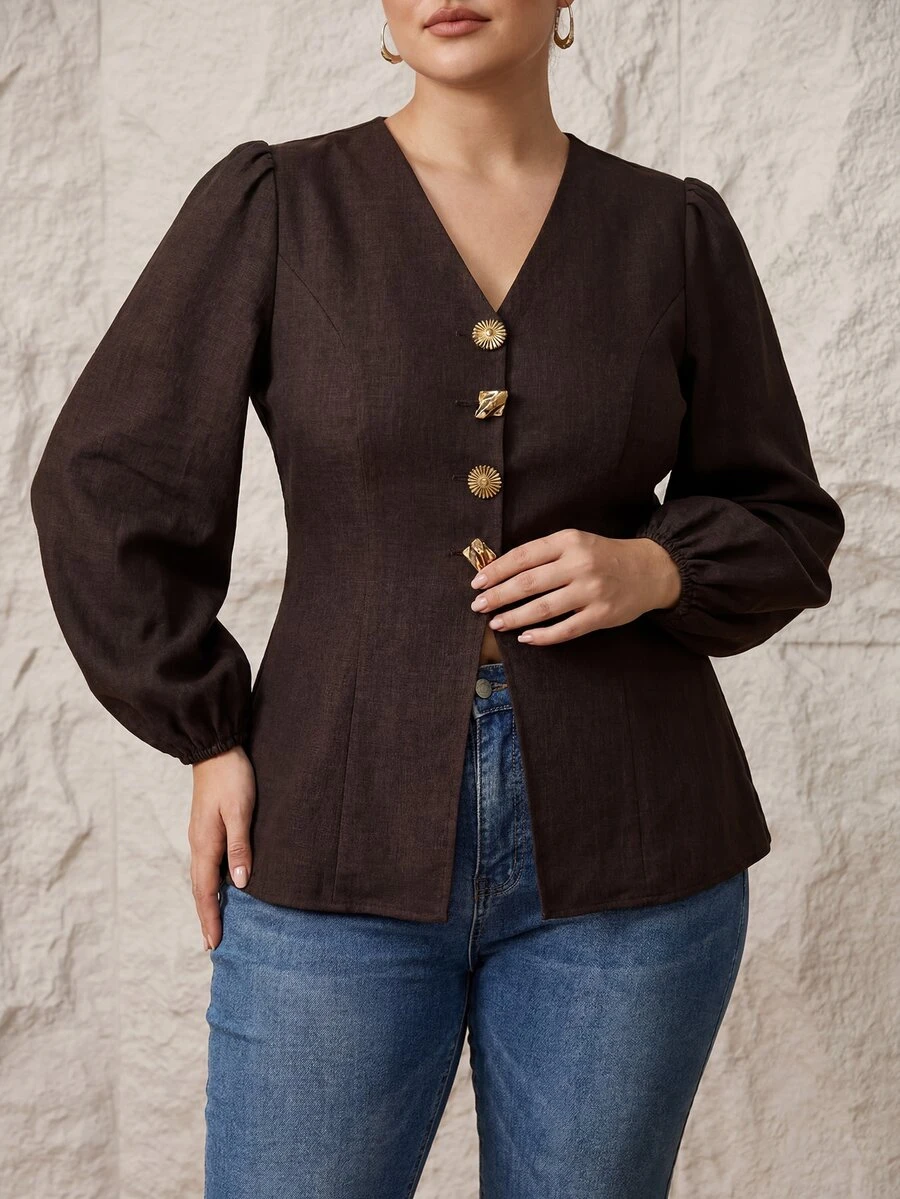 Modelyn Plus-Size Elegant Workwear Shirt With Metal Buttons - Coffee Brown - View 1