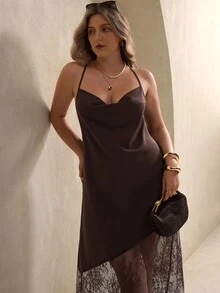 Elegantrix 大码女士夏季缎面拼接蕾丝透视下摆收腰吊带裙，性感奢华风格，适合派对和假日穿着 - 棕色 - 查看 5