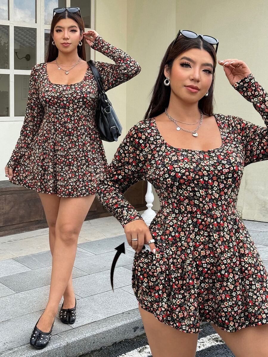 Muchica Romper Kasual Sehari-hari Motif Cetak Seluruh Permukaan untuk Wanita Ukuran Plus, Cocok untuk Musim Gugur - MultiWarna - View 1