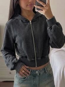SHEIN 青少年女孩拉鍊時尚百搭日常穿著連帽雪花圖案運動衫 - 灰色 - 查看 3
